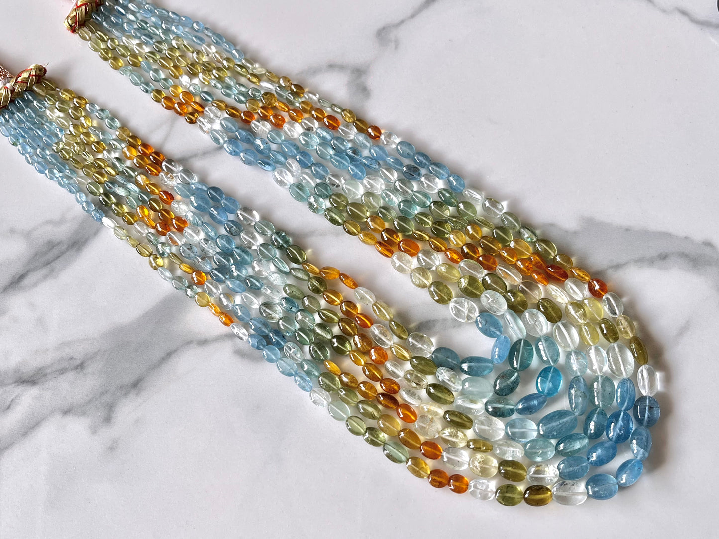 7 Layers Natural Multi Aquamarine Smooth Oval Shape beaded Necklace