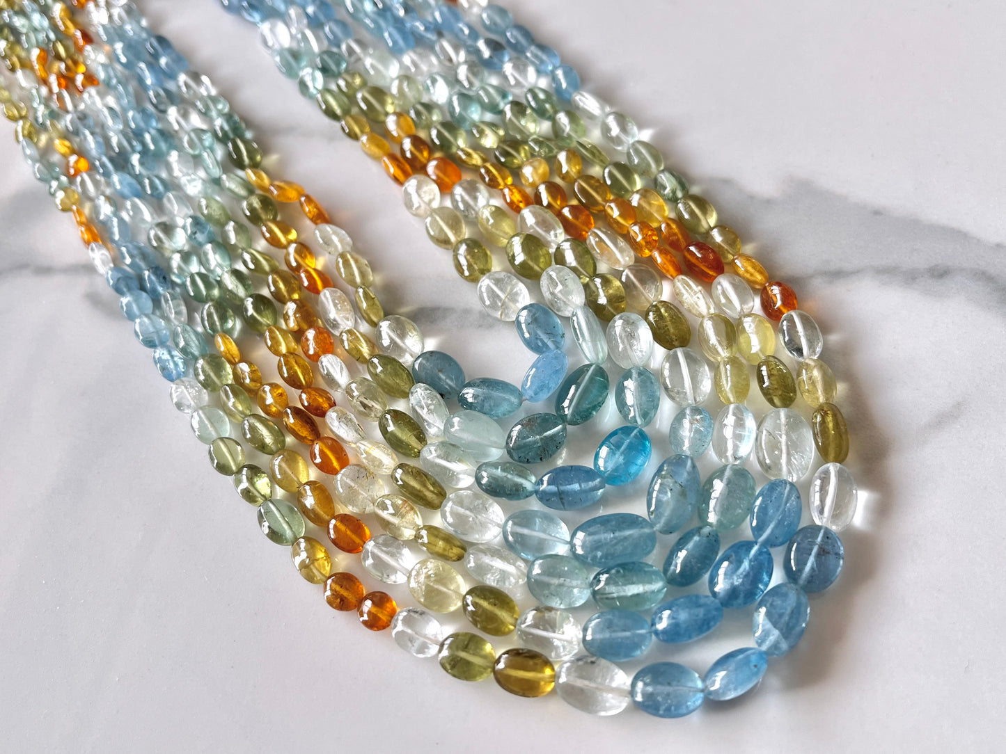 7 Layers Natural Multi Aquamarine Smooth Oval Shape beaded Necklace