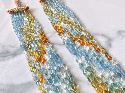 7 Layers Natural Multi Aquamarine Smooth Oval Shape beaded Necklace