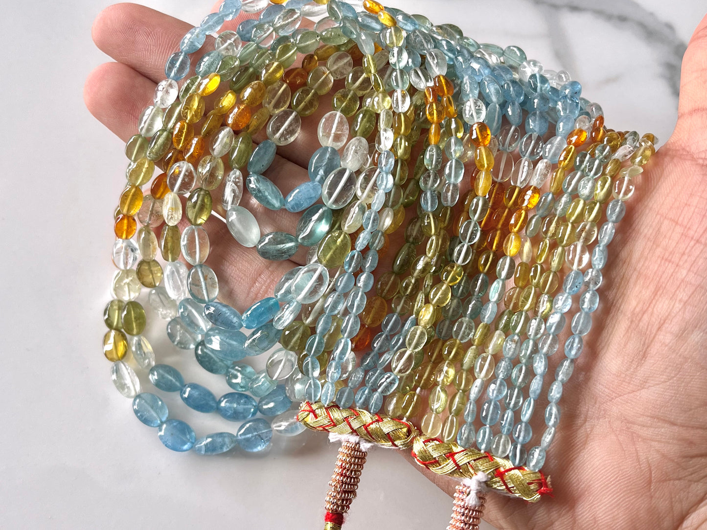 7 Layers Natural Multi Aquamarine Smooth Oval Shape beaded Necklace