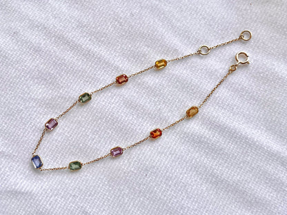 Rainbow Sapphire Bezel Set Chain Bracelet 18K Solid Yellow Gold, Lightweight Multicolor Gemstone Bracelet