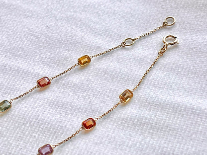 Rainbow Sapphire Bezel Set Chain Bracelet 18K Solid Yellow Gold, Lightweight Multicolor Gemstone Bracelet