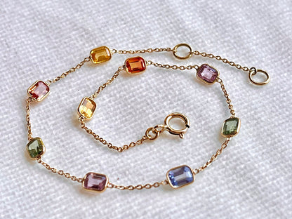 Rainbow Sapphire Bezel Set Chain Bracelet 18K Solid Yellow Gold, Lightweight Multicolor Gemstone Bracelet