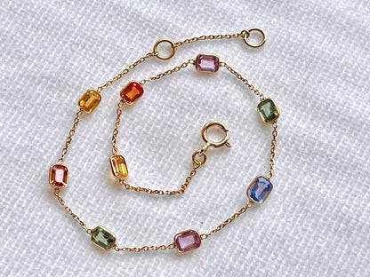 Rainbow Sapphire Bezel Set Chain Bracelet 18K Solid Yellow Gold, Lightweight Multicolor Gemstone Bracelet