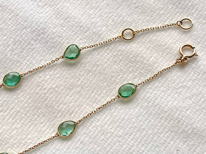 Natural Emerald Bezel Set Chain Bracelet 18K Solid Yellow Gold, Lightweight Gemstone Bracelet