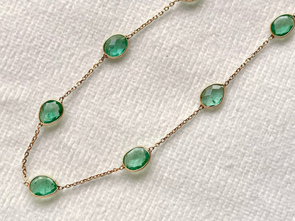 Natural Emerald Bezel Set Chain Bracelet 18K Solid Yellow Gold, Lightweight Gemstone Bracelet