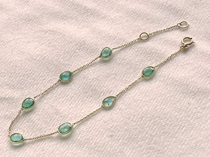 Natural Emerald Bezel Set Chain Bracelet 18K Solid Yellow Gold, Lightweight Gemstone Bracelet