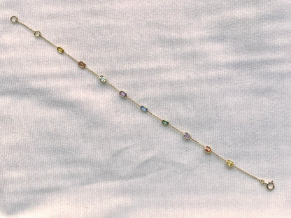 Rainbow Sapphire Bezel Set Chain Bracelet 18K Solid Yellow Gold, Lightweight Multicolor Gemstone Bracelet