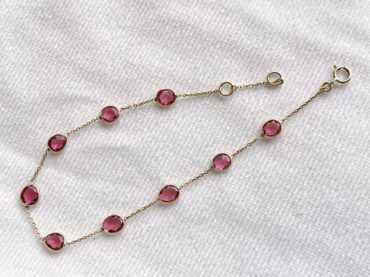 Natural Pink Tourmaline Bezel Set Chain Bracelet 18K Solid Yellow Gold, Lightweight Gemstone Bracelet