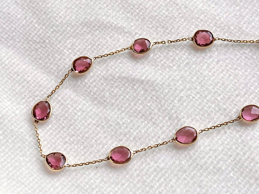 Natural Pink Tourmaline Bezel Set Chain Bracelet 18K Solid Yellow Gold, Lightweight Gemstone Bracelet