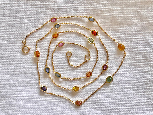 Rainbow Sapphire Bezel Set Chain Necklace 18K Solid Yellow Gold, Lightweight Multicolor Gemstone Necklace