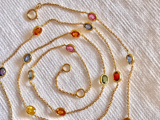 Rainbow Sapphire Bezel Set Chain Necklace 18K Solid Yellow Gold, Lightweight Multicolor Gemstone Necklace