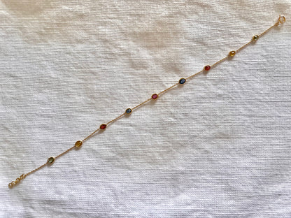 Rainbow Sapphire Bezel Set Chain Bracelet 18K Solid Yellow Gold, Lightweight Multicolor Gemstone Bracelet