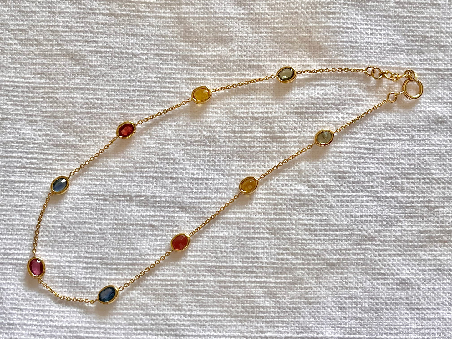 Rainbow Sapphire Bezel Set Chain Bracelet 18K Solid Yellow Gold, Lightweight Multicolor Gemstone Bracelet