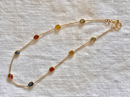 Rainbow Sapphire Bezel Set Chain Bracelet 18K Solid Yellow Gold, Lightweight Multicolor Gemstone Bracelet