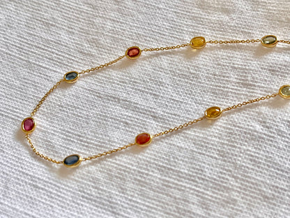 Rainbow Sapphire Bezel Set Chain Bracelet 18K Solid Yellow Gold, Lightweight Multicolor Gemstone Bracelet