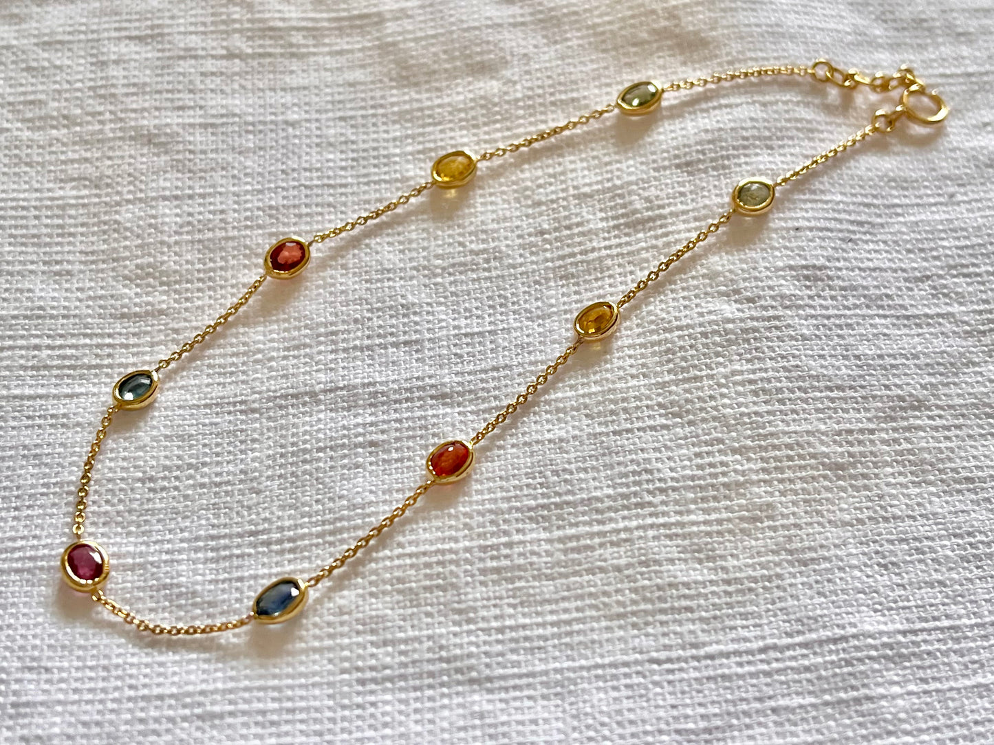 Rainbow Sapphire Bezel Set Chain Bracelet 18K Solid Yellow Gold, Lightweight Multicolor Gemstone Bracelet