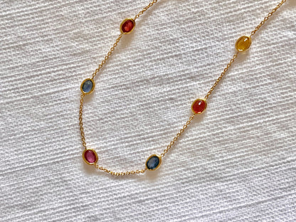 Rainbow Sapphire Bezel Set Chain Bracelet 18K Solid Yellow Gold, Lightweight Multicolor Gemstone Bracelet