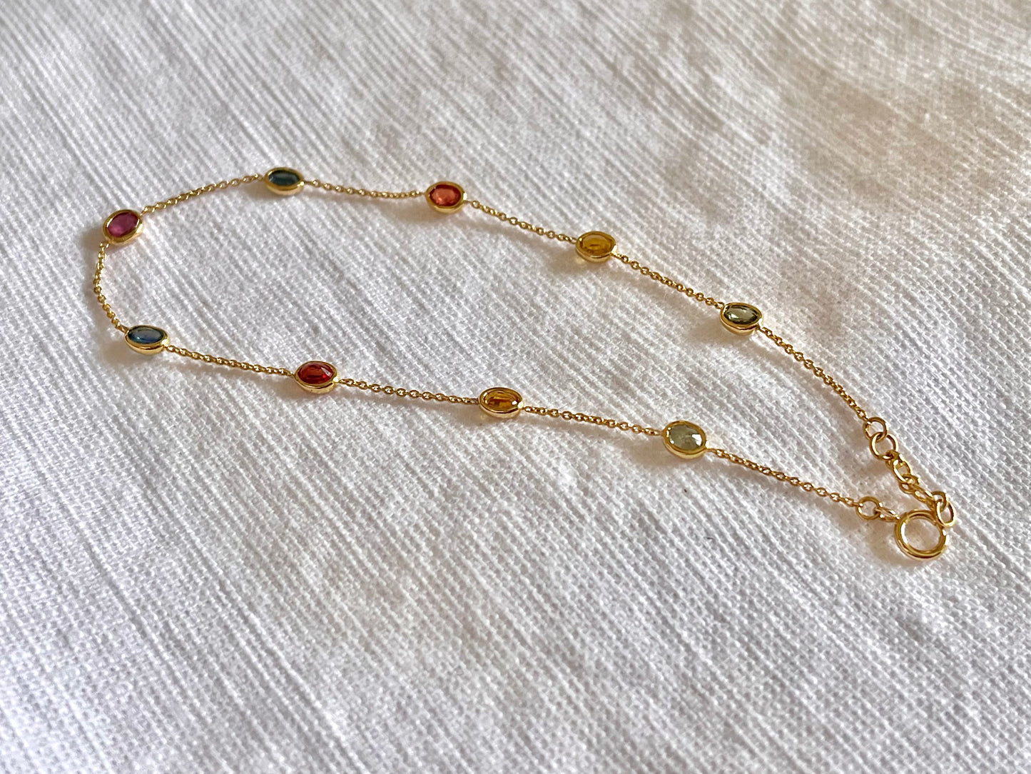 Rainbow Sapphire Bezel Set Chain Bracelet 18K Solid Yellow Gold, Lightweight Multicolor Gemstone Bracelet