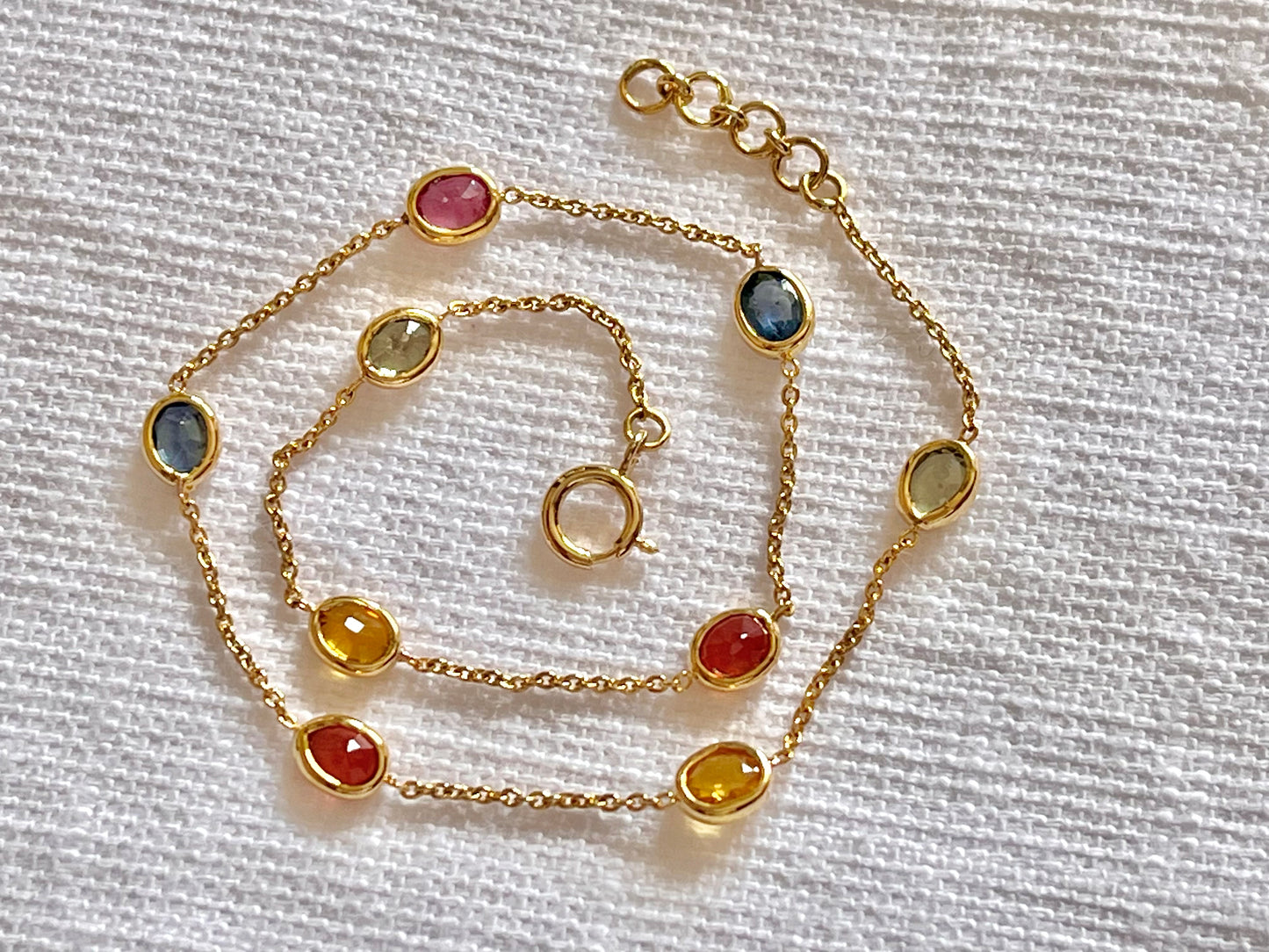 Rainbow Sapphire Bezel Set Chain Bracelet 18K Solid Yellow Gold, Lightweight Multicolor Gemstone Bracelet