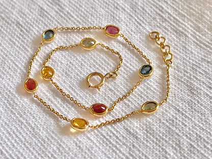 Rainbow Sapphire Bezel Set Chain Bracelet 18K Solid Yellow Gold, Lightweight Multicolor Gemstone Bracelet