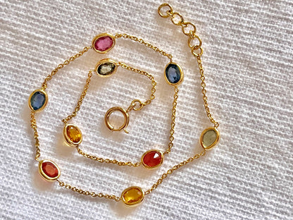 Rainbow Sapphire Bezel Set Chain Bracelet 18K Solid Yellow Gold, Lightweight Multicolor Gemstone Bracelet