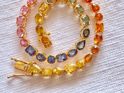 Rainbow Sapphire Tennis Solid 18K Bracelet - Mix shape