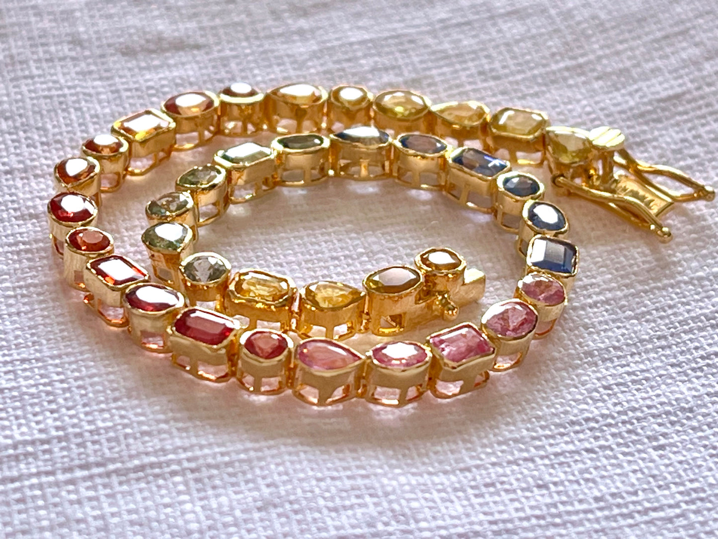 Rainbow Sapphire Tennis Solid 18K Bracelet - Mix shape