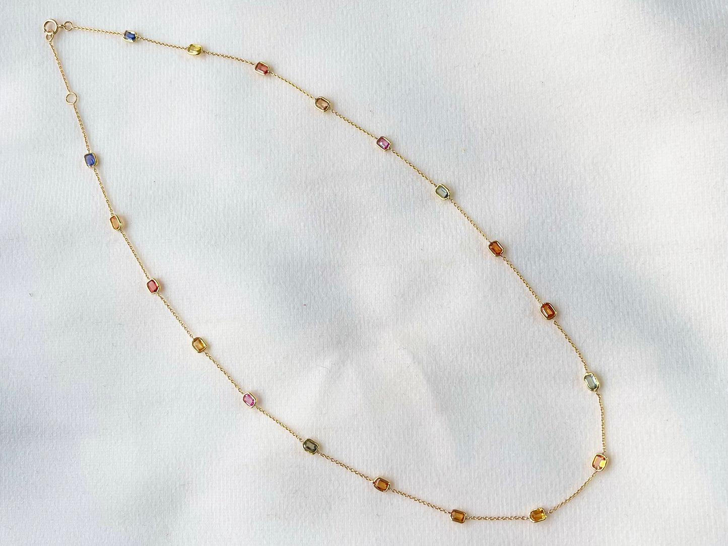 Rainbow Sapphire Octagon Bezel Set 18K Solid Gold Necklace