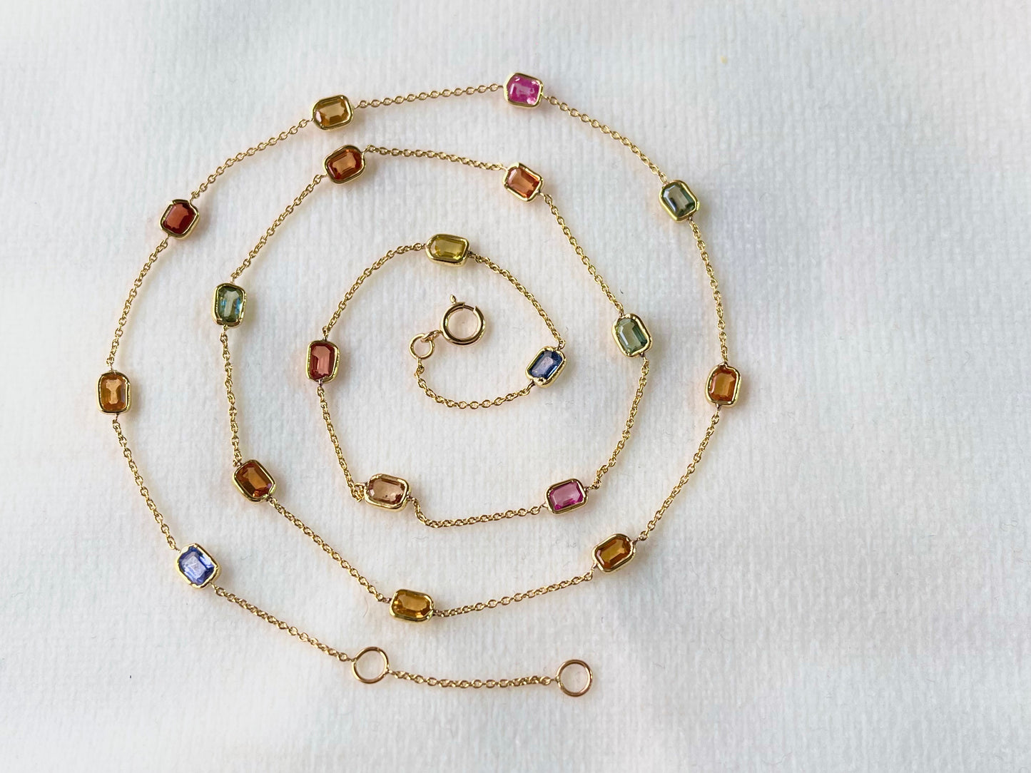 Rainbow Sapphire Octagon Bezel Set 18K Solid Gold Necklace