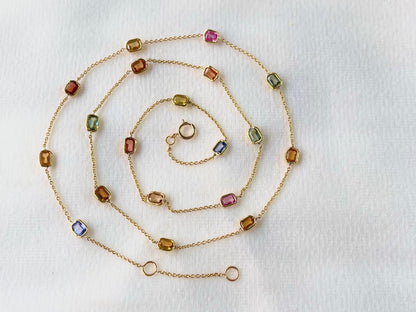 Rainbow Sapphire Octagon Bezel Set 18K Solid Gold Necklace