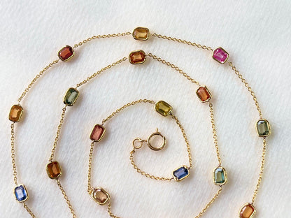 Rainbow Sapphire Octagon Bezel Set 18K Solid Gold Necklace