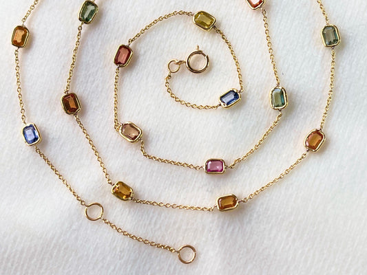 Rainbow Sapphire Octagon Bezel Set 18K Solid Gold Necklace