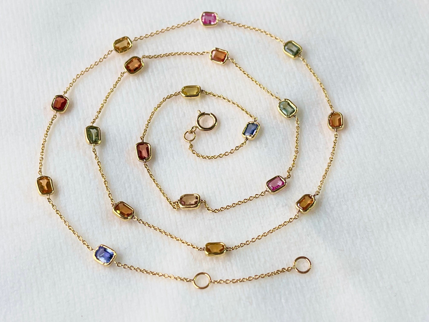 Rainbow Sapphire Octagon Bezel Set 18K Solid Gold Necklace