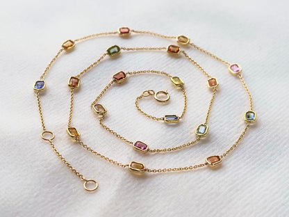 Rainbow Sapphire Octagon Bezel Set 18K Solid Gold Necklace