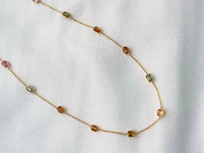Rainbow Sapphire Octagon Bezel Set 18K Solid Gold Necklace