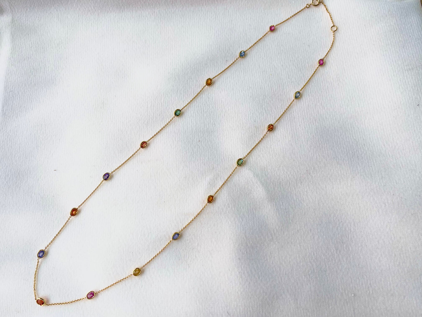 Rainbow Sapphire Oval Bezel Set 18K Solid Gold Necklace