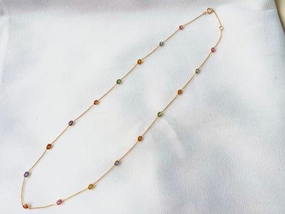 Rainbow Sapphire Oval Bezel Set 18K Solid Gold Necklace