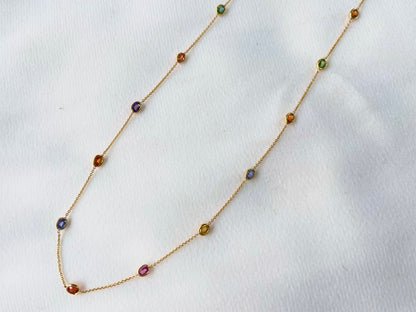 Rainbow Sapphire Oval Bezel Set 18K Solid Gold Necklace