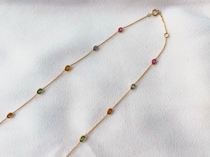 Rainbow Sapphire Oval Bezel Set 18K Solid Gold Necklace