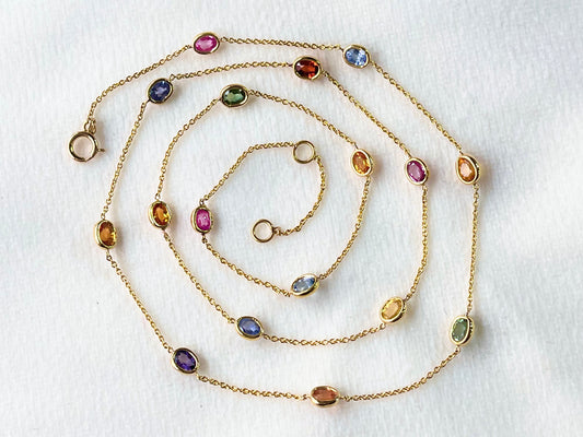 Rainbow Sapphire Bezel Set Chain Necklace 18K Solid Yellow Gold, Lightweight Multicolor Gemstone Necklace