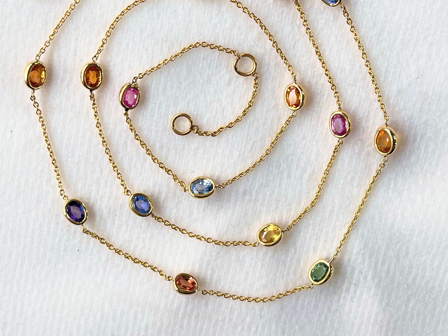 Rainbow Sapphire Oval Bezel Set 18K Solid Gold Necklace
