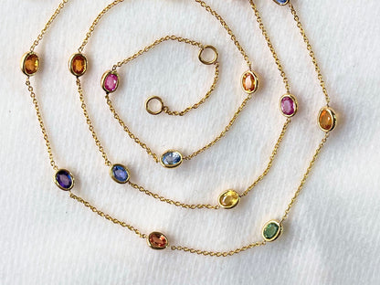 Rainbow Sapphire Oval Bezel Set 18K Solid Gold Necklace