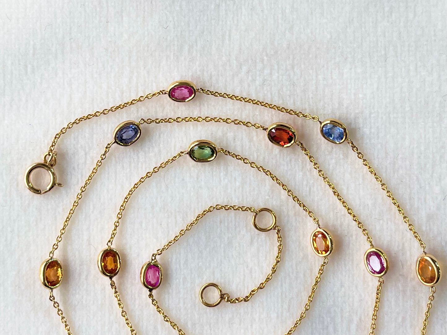 Rainbow Sapphire Oval Bezel Set 18K Solid Gold Necklace