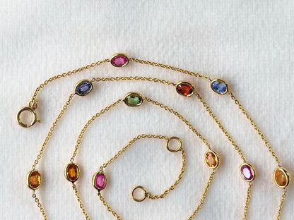 Rainbow Sapphire Oval Bezel Set 18K Solid Gold Necklace