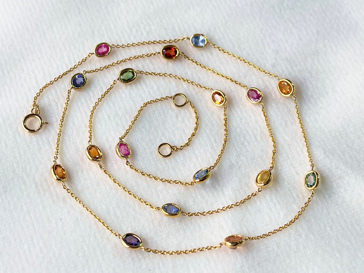 Rainbow Sapphire Oval Bezel Set 18K Solid Gold Necklace