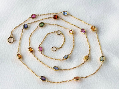 Rainbow Sapphire Oval Bezel Set 18K Solid Gold Necklace
