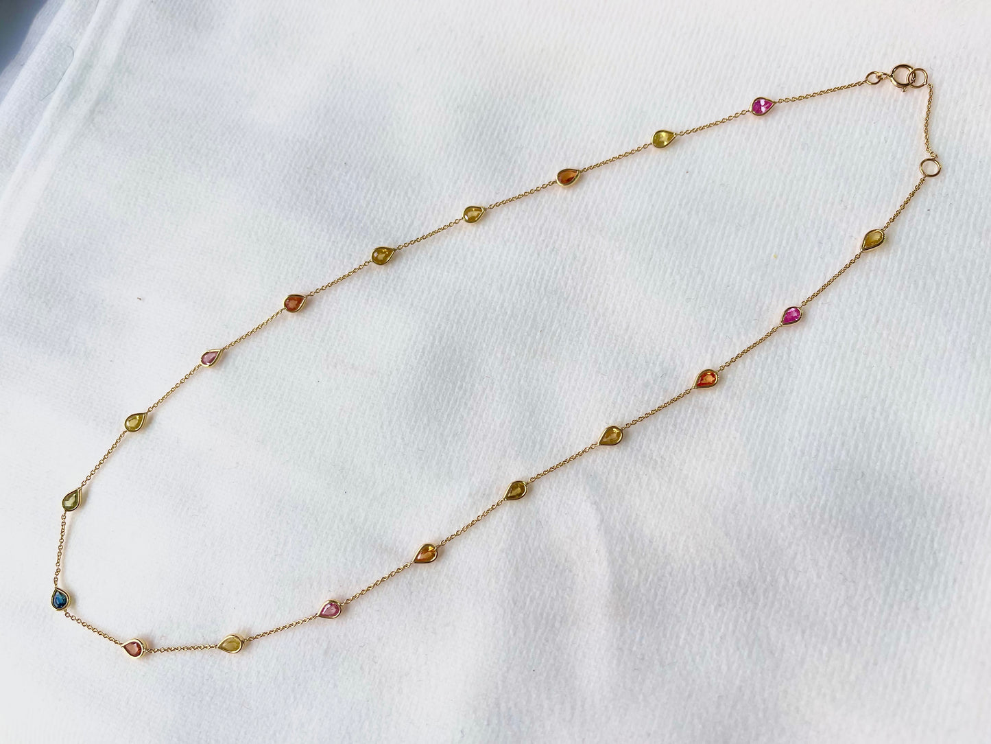 Rainbow Sapphire Pear Bezel Set 18K Solid Gold Necklace