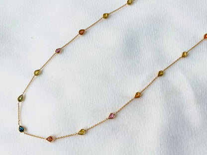 Rainbow Sapphire Pear Bezel Set 18K Solid Gold Necklace