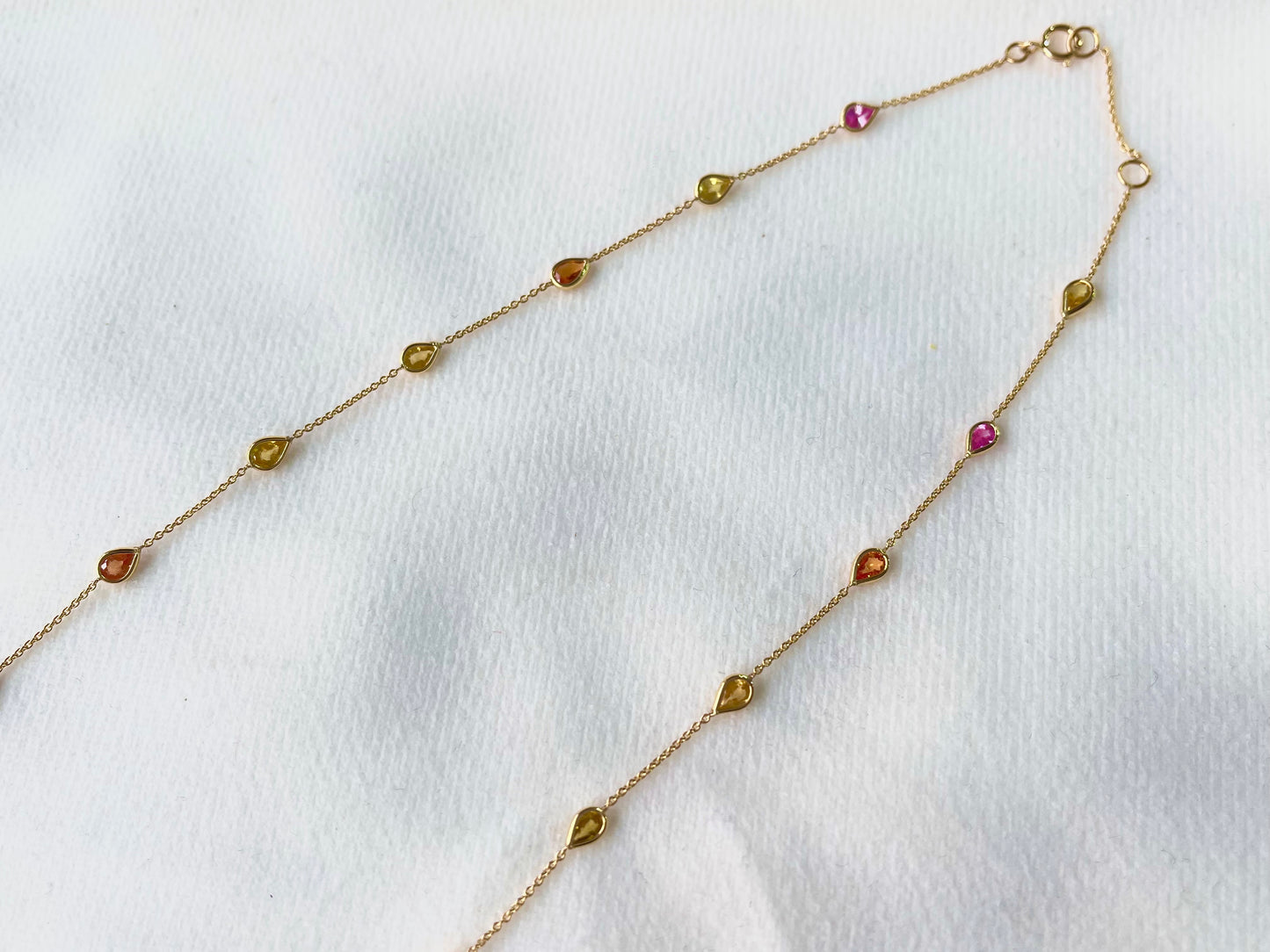 Rainbow Sapphire Pear Bezel Set 18K Solid Gold Necklace